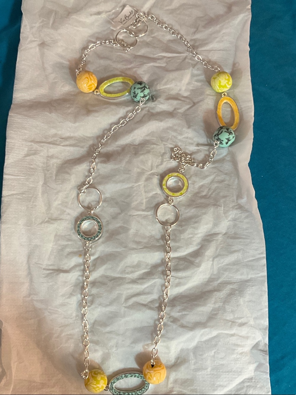 VIVA BEADS Silver-Link Long Necklace with Yellow and Mint Beads
